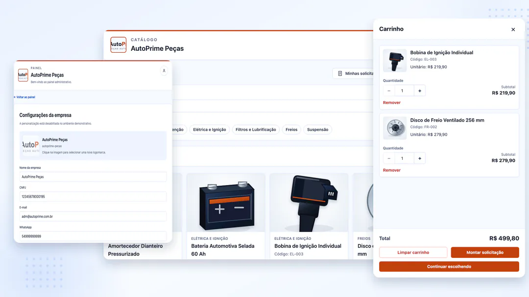 Catálogo digital CotaFácil com produtos automotivos e carrinho de orçamento