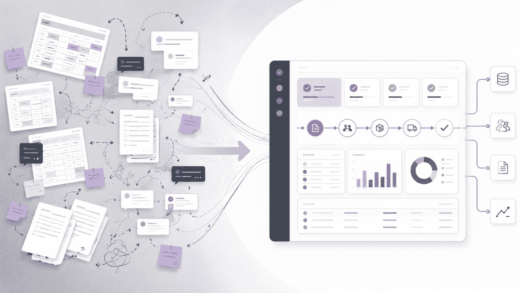 Planilhas e controles manuais sendo organizados em um sistema personalizado de processos